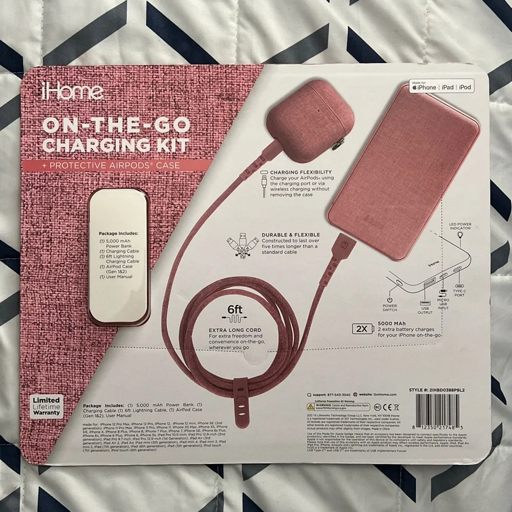 iHome 3 Piece On The Go Charging Set Pink